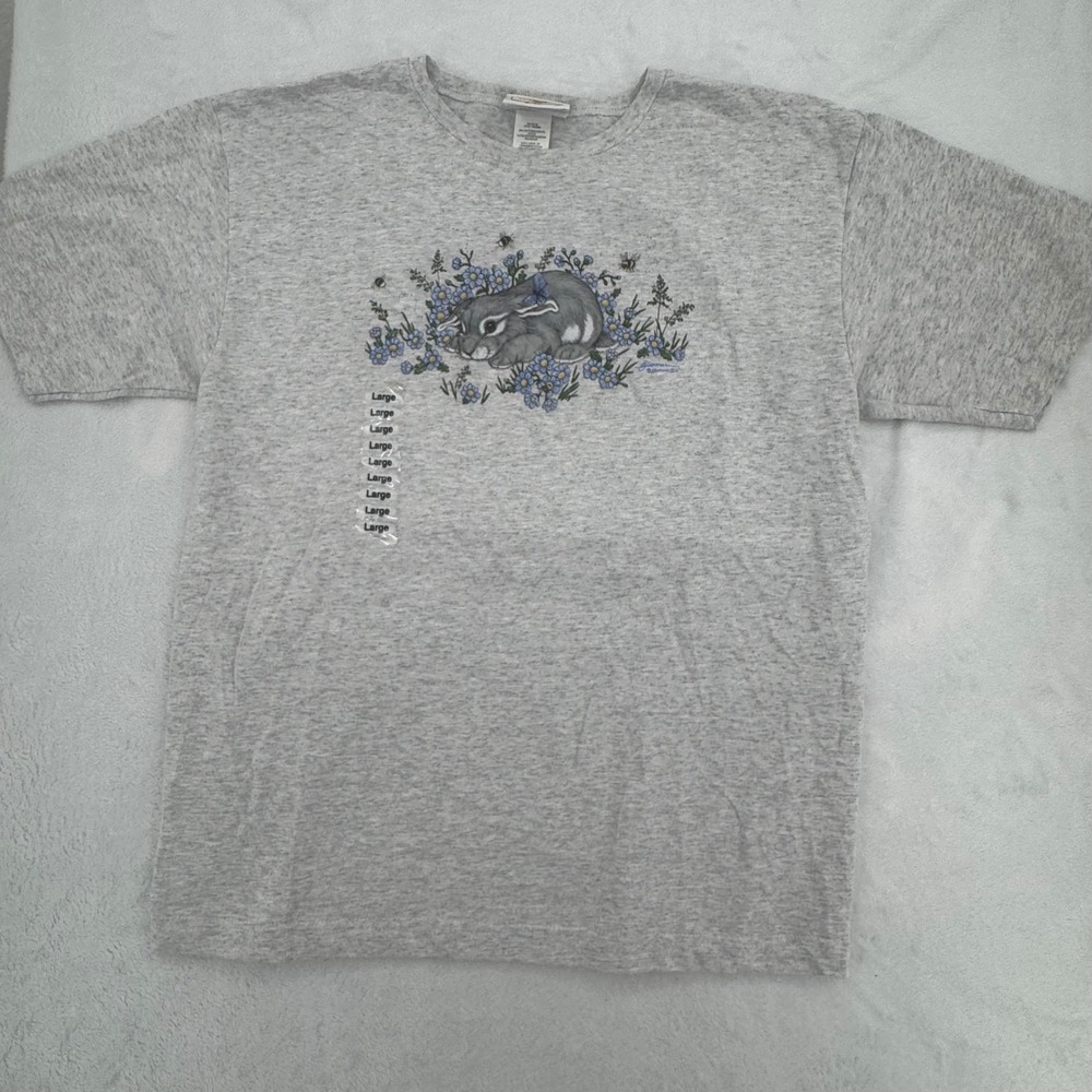 Vintage Morning Sun Bunny Rabbit Floral T-Shirt Relaxed Cotton Size Large USA